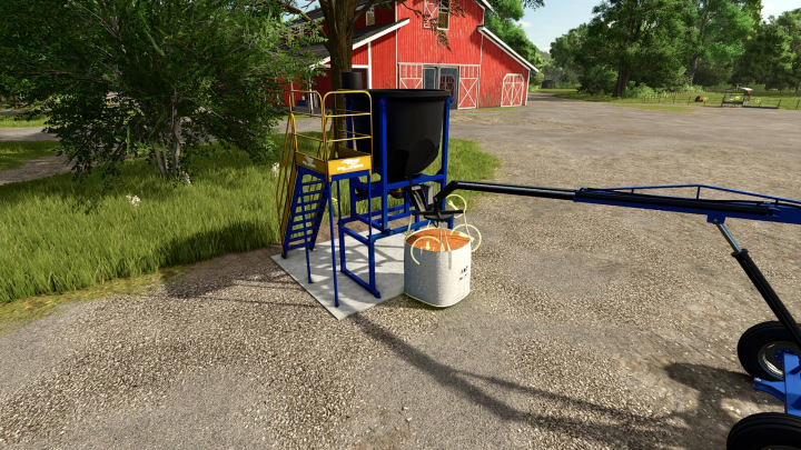 fs25-mods,  Farming Simulator 25 mod showcasing a modified rearing barn pack with blue and yellow structures on a farm.