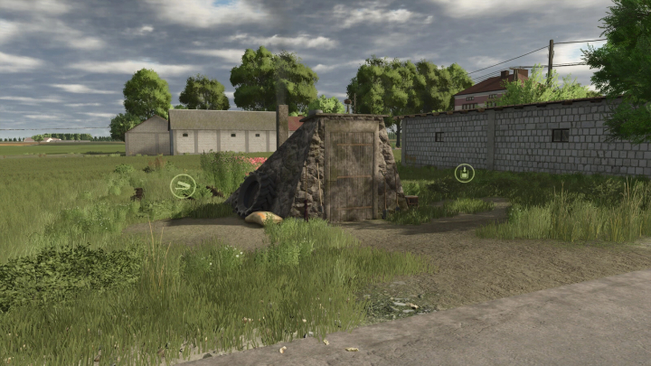 fs25-mods,  Potato cellar in Farming Simulator 25 with FS25 mods for potato storage, rustic outdoor scene, grass, and farm buildings.