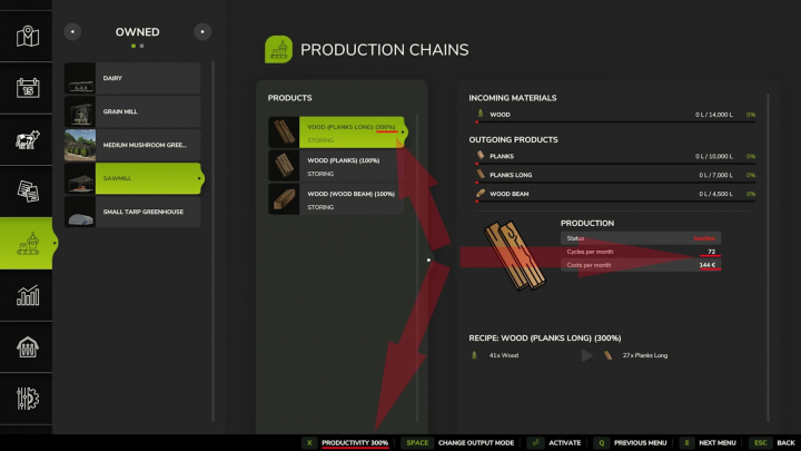 fs25-mods, Farming Simulator 25 mod screenshot showing production control with wood products, incoming materials, and production status.