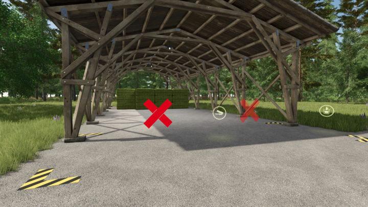 fs25-mods, Farming Simulator 25 mods - Salvage Halls Package v1.2.0.0, showing a wooden shed with hay bales inside and red warning marks