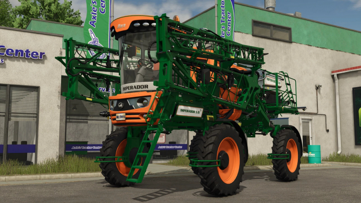 fs25-mods,  Farming Simulator 25 mod: Stara Imperador 3.0 pesticide sprayer parked outside Axle's Tractor Center.