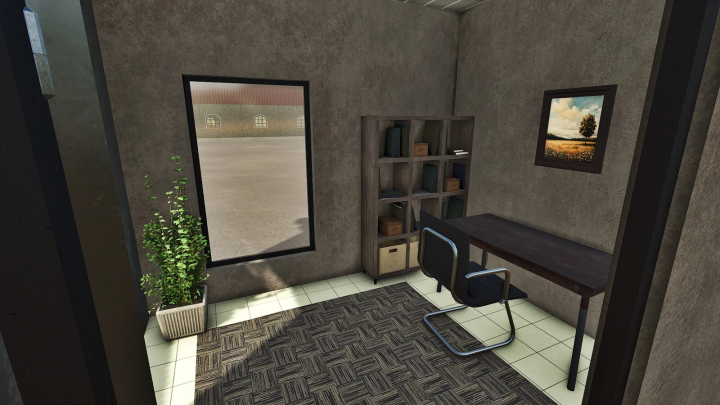 fs25-mods,  Inside a small office with a desk, chair, bookshelf, potted plant, and wall art, in Farming Simulator 25 mods.