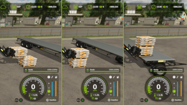 fs25-mods,  Farming Simulator 25 mod screenshot of a flatbed trailer with stacked sacks of seeds and a tool inclination helper enabled.