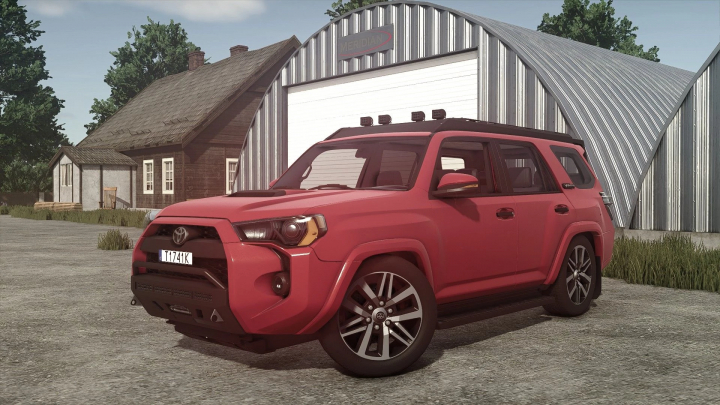 fs25-mods,  Red Toyota 4Runner 2018 TRD PRO 4X4 mod from Farming Simulator 25, parked outdoors near a farmhouse and metal shed.