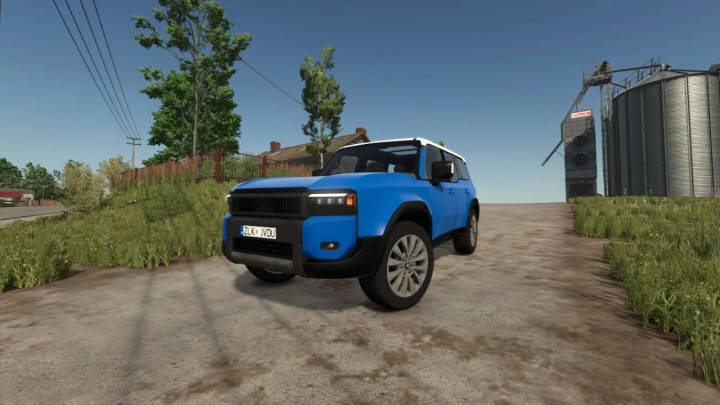 fs25-mods, Farming Simulator 25 mod: Blue Toyota Land Cruiser v1.0.0.0 on a farm dirt road, part of FS25 mods collection.