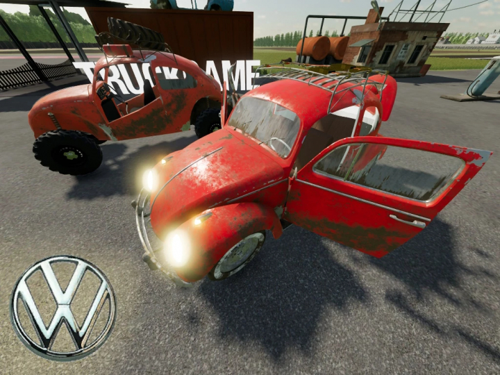 fs22-mods, Farming Simulator 22 mods featuring a rusty, vintage VW Beetle with open doors, headlamps on, parked outdoors in a farm environment.