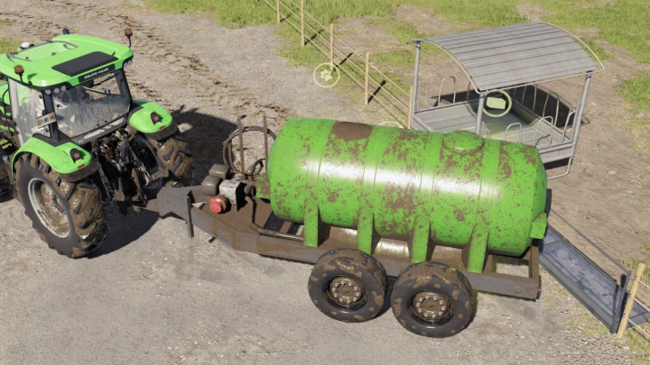 fs25-mods,  Farming Simulator 25 mod: green water trailer with rust, attached to a tractor, used for transporting water on the farm.