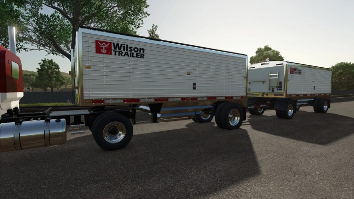 fs25-mods,  Wilson Trailer Pack v1.0.0.0 in Farming Simulator 25, showing two white Wilson trailers with black and red logos on the road.