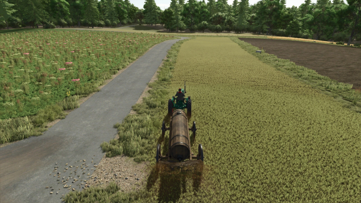 fs25-mods, Farming Simulator 25 mod: tractor with wood barrel attachment, driving on a rural field with trees in the background, illustrating the Wood Barrel v1.0.0.0 mod.