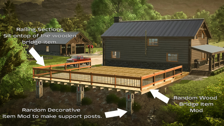 fs25-mods, Farming Simulator 25 mod showing a wooden deck with railing sections, support posts, and decorative elements in a rural setting.