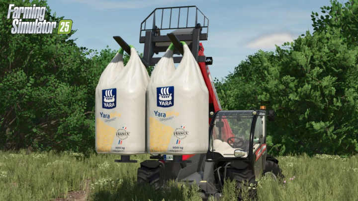 fs25-mods, Farming Simulator 25 mod: tractor with Yara BigBag Pack v1.0.0.0, featuring large fertilizer bags from France, ideal for farming in FS25.