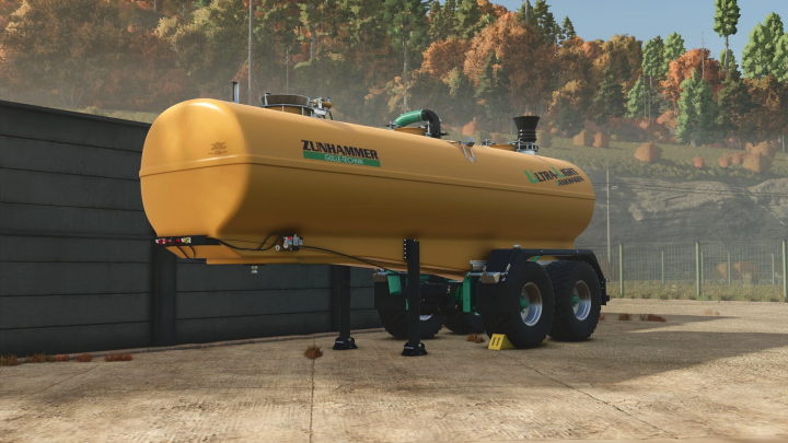 fs25-mods, Farming Simulator 25 mod: Zunhammer ULT SemiTrailer v1.0.0.0, yellow fuel or liquid transport trailer near a black fence, autumn trees background.