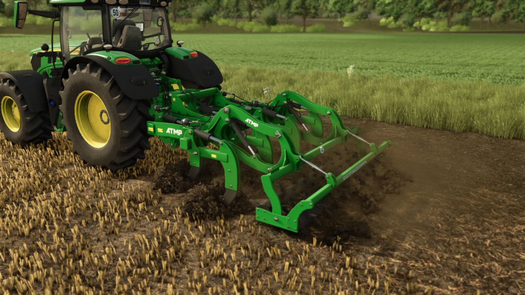 Farming Simulator 25 mod: John Deere tractor with ATMP GB300 cultivator working on tilled soil in a field.