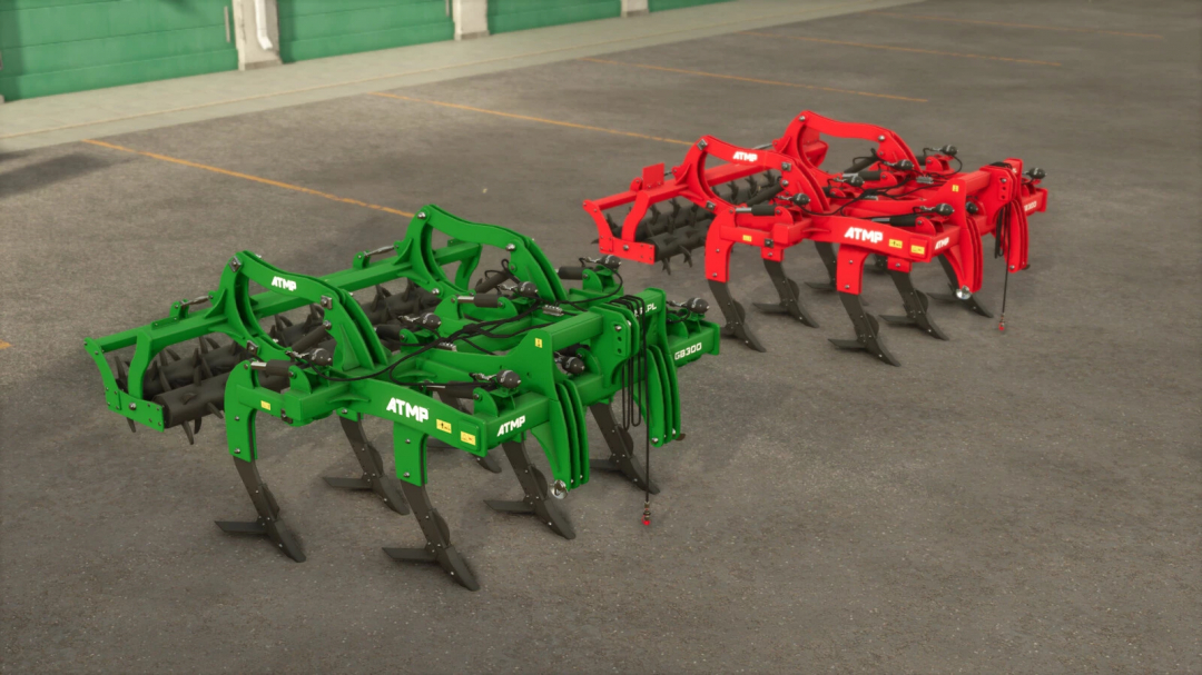 Farming Simulator 25 mods: ATMP GB300 cultivator models in green and red colors on a farmyard ground.