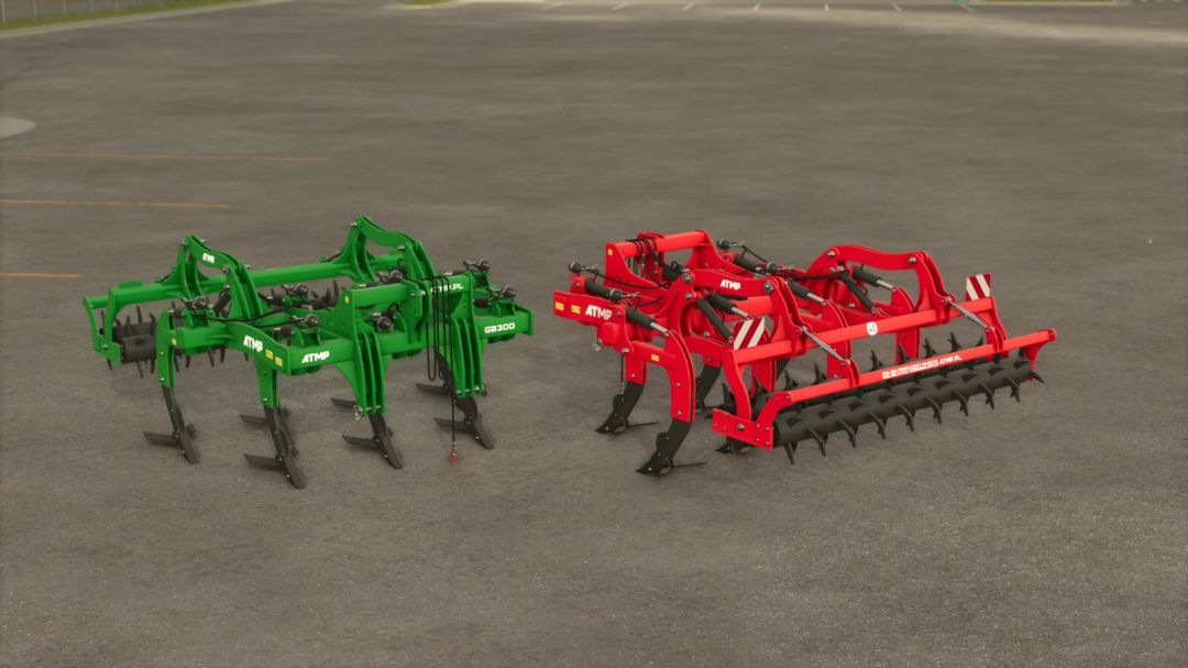 Farming Simulator 25 mods featuring green and red ATMP GB300 cultivators on an asphalt surface.
