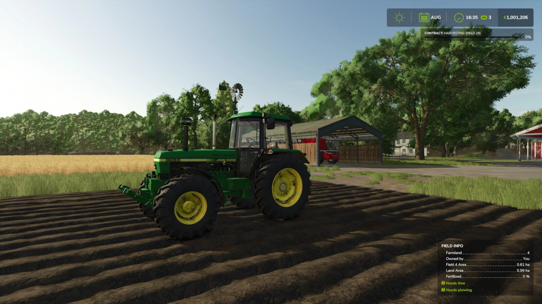 Farming Simulator 25 mod image featuring a green John Deere tractor on farmland with fields and trees, displaying the Additional Field Info v1.0.1.0.