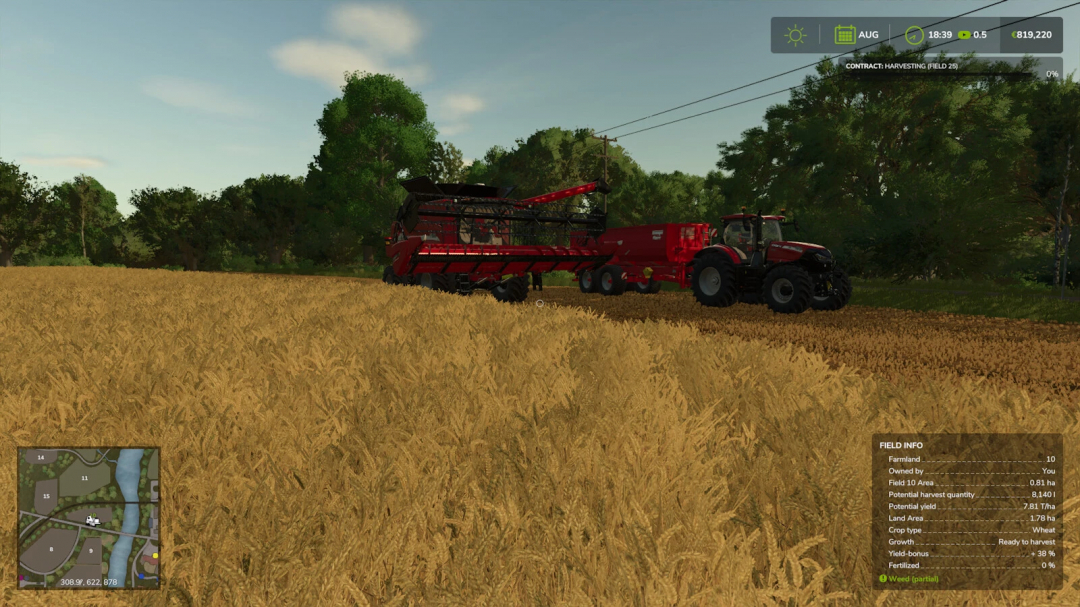 Farming Simulator 25 mod showcasing a red tractor harvesting field 25 with combines, landscape, and game interface elements.