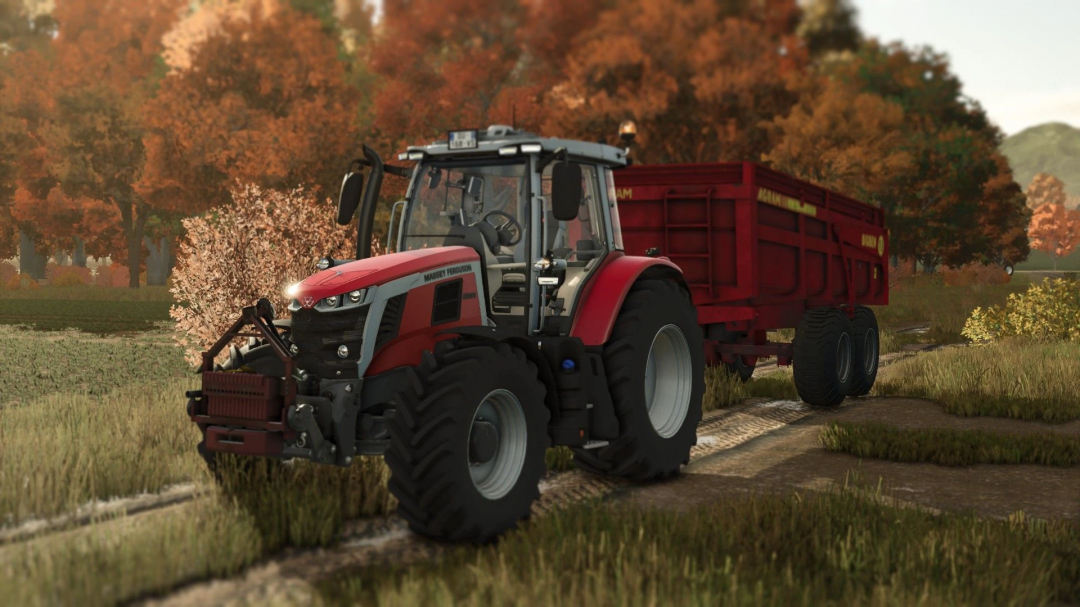 Farming Simulator 25 mod: Massey Ferguson tractor with Agram BigBen 13T implement in autumn farmland.