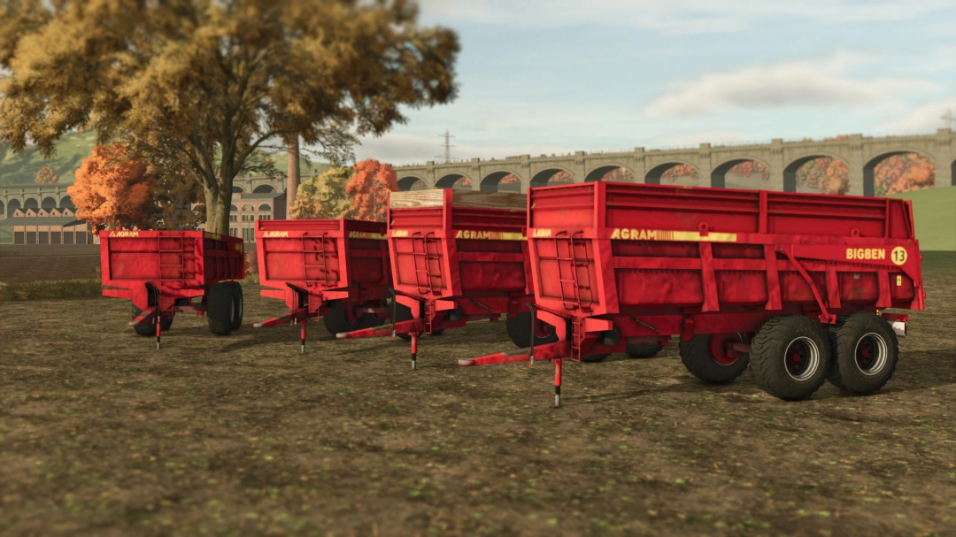 FS25 mods: Agram BigBen 13T v1.0.0.0 farm trailer in Farming Simulator 25, red color, with autumn background.