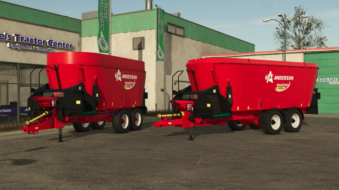 Two red Anderson SmartMix A700 and A950 farming trailers from FS25 mods parked outside Alec's Tractor Center for Farming Simulator 25.