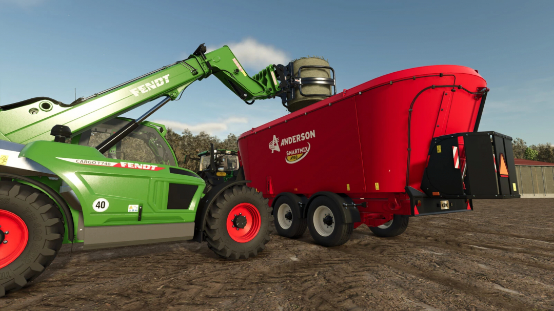Farming Simulator 25 mod: Fendt tractor with Anderson A950 smartmix mixer trailer for farming tasks.