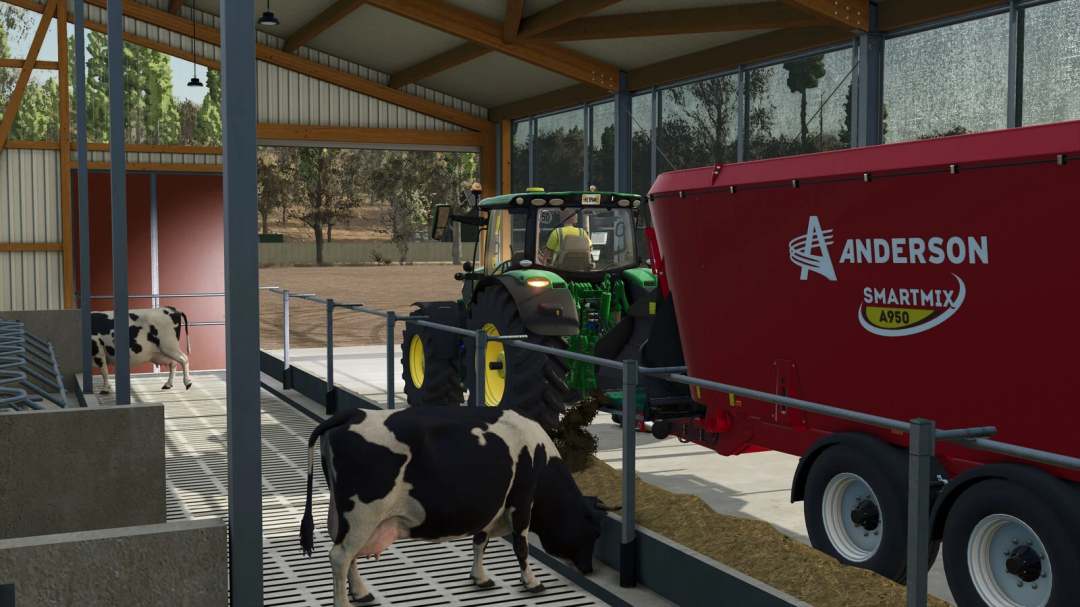 Farming Simulator 25 mod image showing a tractor operating a red Anderson Smartmix A950 mixer in a barn with cows.