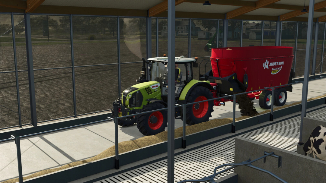 Farming Simulator 25 mod: CLAAS tractor with Anderson A700/A950 feed mixer inside livestock farm.