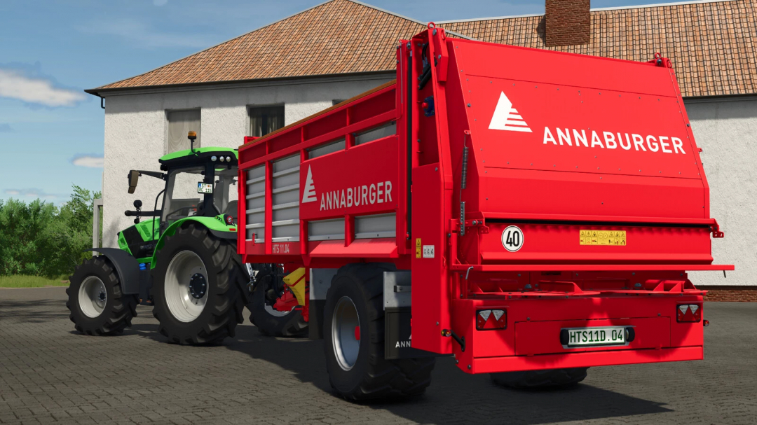 Farming Simulator 25 mods: Annaburger HTS 11D.04 spreader attached to a green tractor on a farm.
