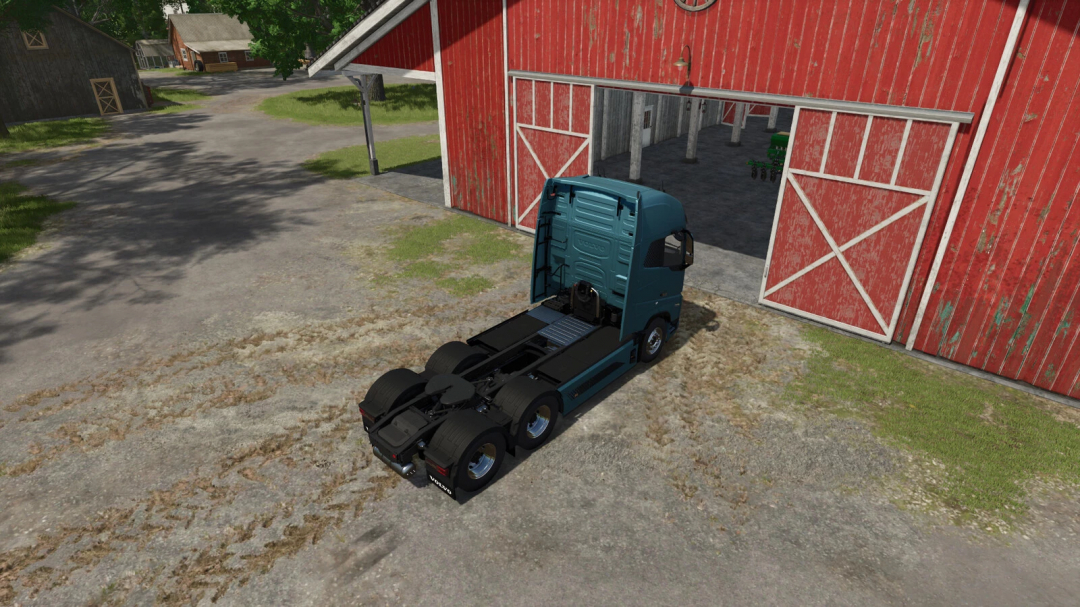Farming Simulator 25 mod featuring an autonomous truck parked outside a red barn, showcasing the AutomaticGate v1.0.0.0 mod for FS25.