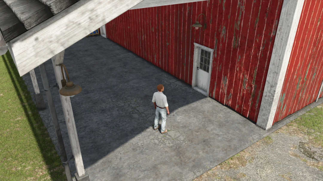 Farmer standing outside a red barn door in Farming Simulator 25 with the AutomaticGate mod v1.0.0.0