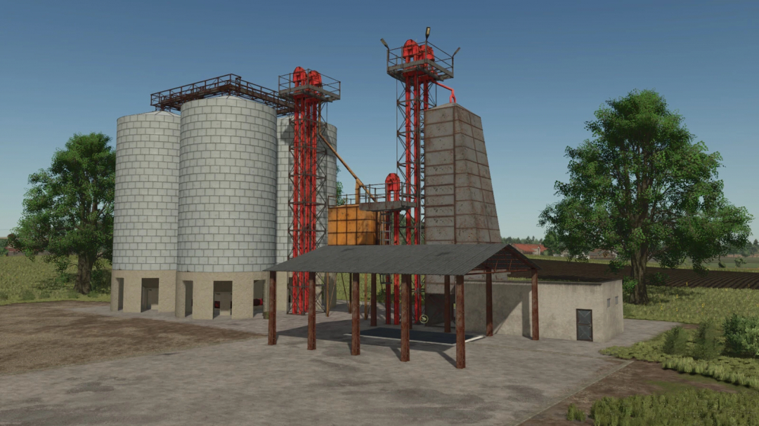 Farming Simulator 25 mod image of the B1-15 Grain Silo v1.0.0.0, featuring large silos and grain storage towers.