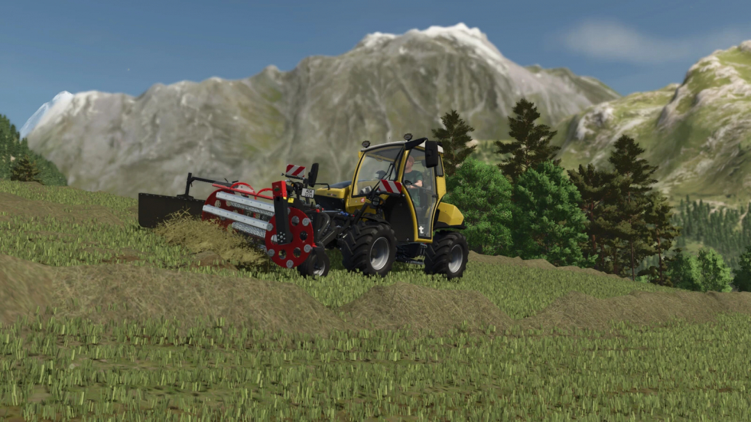 Farming Simulator 25 mod: tractor with BBU Clementer 300 F Eco implement working on a mountain field.
