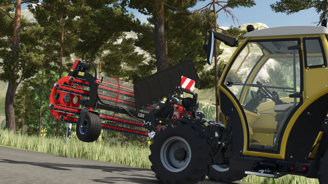 Farming Simulator 25 mod featuring the BBU Clementer 300 F Eco attachment connected to a tractor in a forest setting.
