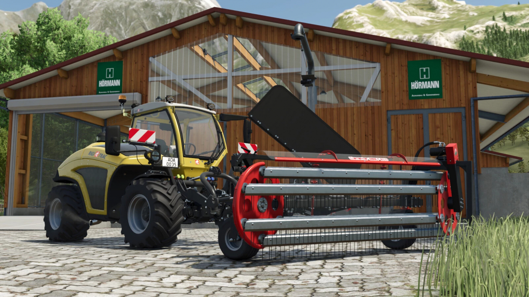 Farming Simulator 25 mod: BBU Clementer 300 F Eco with tractor and harvesting attachment in front of Hörmann building.