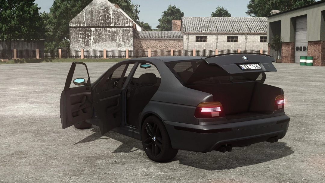 BMW E39 530D in Farming Simulator 25 mod, black sports car with open doors and trunk, detailed environment background.