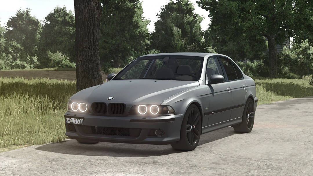 In-game image of a modified BMW E39 530D with custom wheels, part of FS25 mods for Farming Simulator 25.
