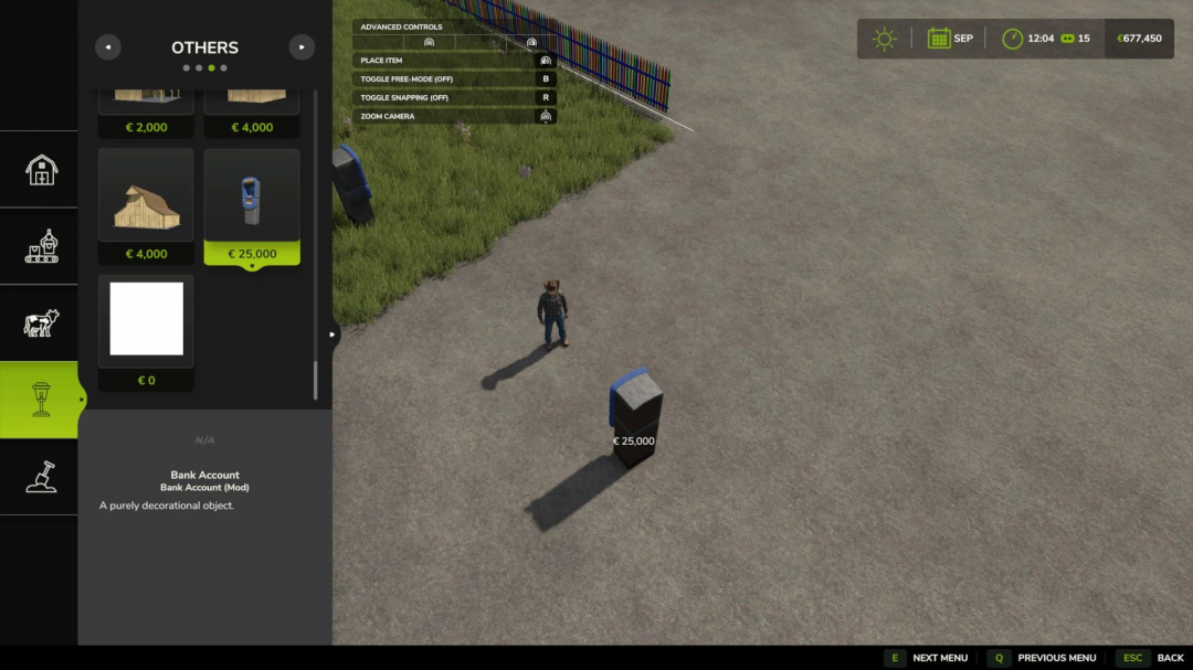 Farming Simulator 25 mod: Decorational ATM with €25,000 balance for visual enhancement, part of FS25 mods.