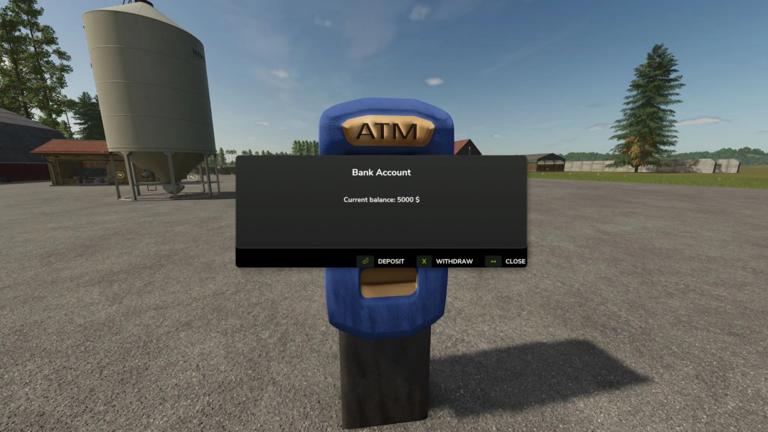 Farming Simulator 25 mod showing a bank account ATM with a current balance of $5000, used for managing finances in the game.