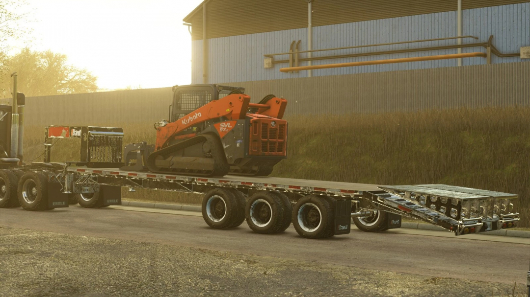 Farming Simulator 25 mods: A Kubota SVL 97-2 compact track loader on a flatbed trailer for transport, with the text 'Brandt 1124 Deckover Trailer v1.1.0.0'.