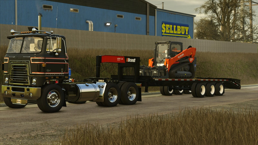 Farming Simulator 25 mod featuring a classic truck transporting a Kubota skid-steer loader on a flatbed trailer, with a SellBuy sign in the background.