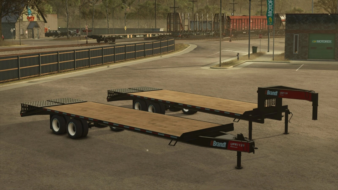Two Brandt UPR1124 deckover trailers in a parking lot, designed for Farming Simulator 25 mods in the game.