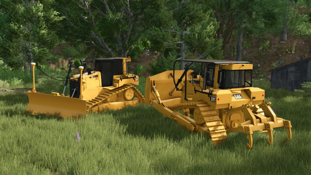 Two yellow CAT D6T bulldozers with attachments in a grassy field from Farming Simulator 25 mods.