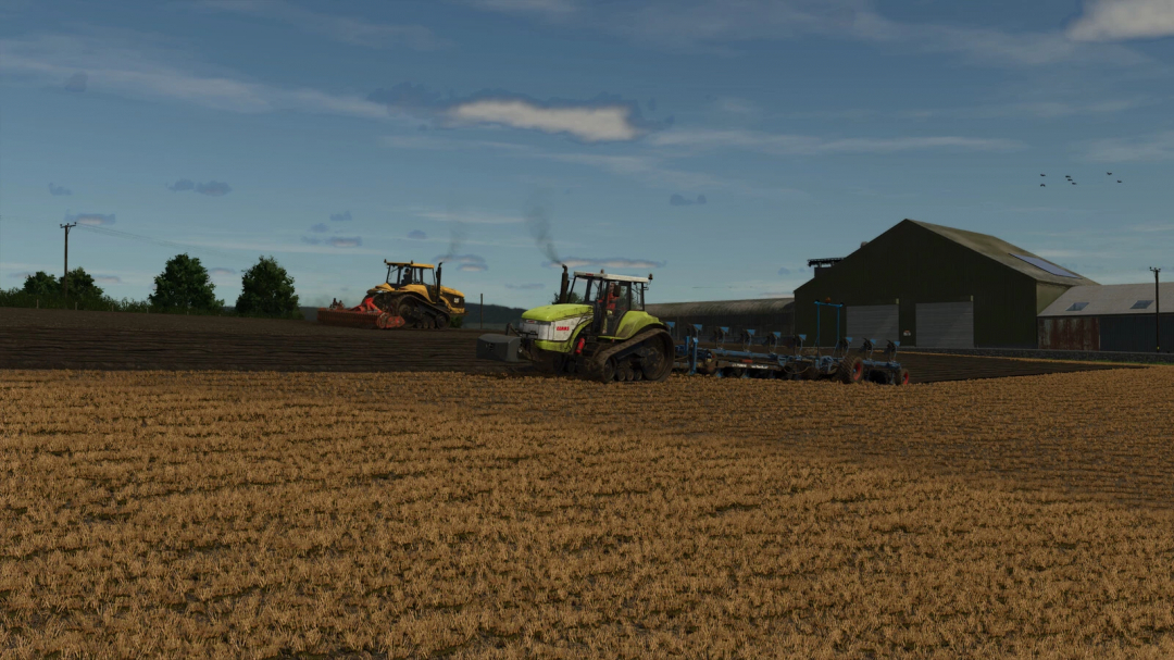 Farming Simulator 25 mods featuring CLAAS-Caterpillar Challenger 35E-55E Series tractors working in a field.