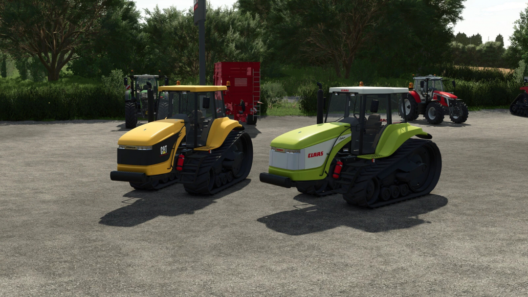 Two CLAAS Caterpillar Challenger 35E-55E Series tractors with track drive from Farming Simulator 25 mods, parked outdoors with farming equipment.