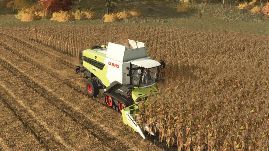 Farming Simulator 25 mod image: Claas Lexion 8900-5300 harvesting corn in fields during autumn.
