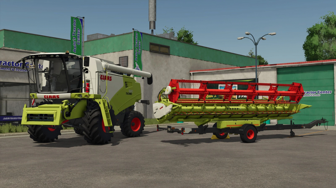 Farming Simulator 25 mod: CLAAS TUCANO 580 combine harvester with attached header, parked outside at the Tractor Center.