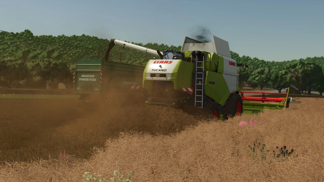Farming Simulator 25 mod showing a CLAAS TUCANO 580 harvesting crops on a farm field.