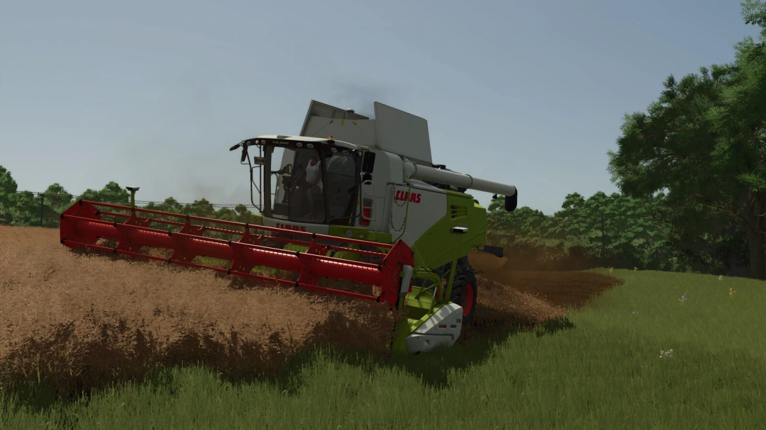 Farming Simulator 25 mod: CLAAS TUCANO 580 harvesting crops with detailed farming equipment in the game.