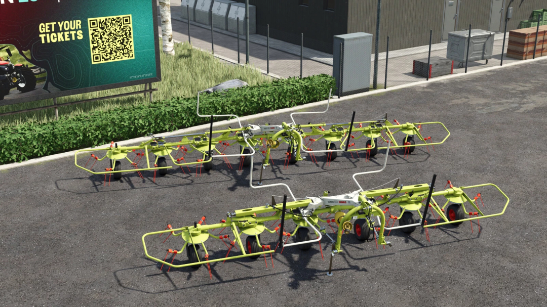 Two CLAAS VOLTO harvesters displayed on asphalt, used as mods in Farming Simulator 25 for efficient crop harvesting.