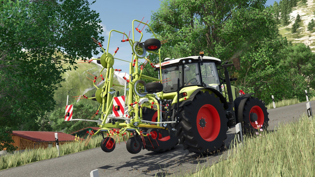 Farming Simulator 25 mod featuring the CLAAS VOLTO Pack v1.0.0.0 on a rural road with trees and grass.